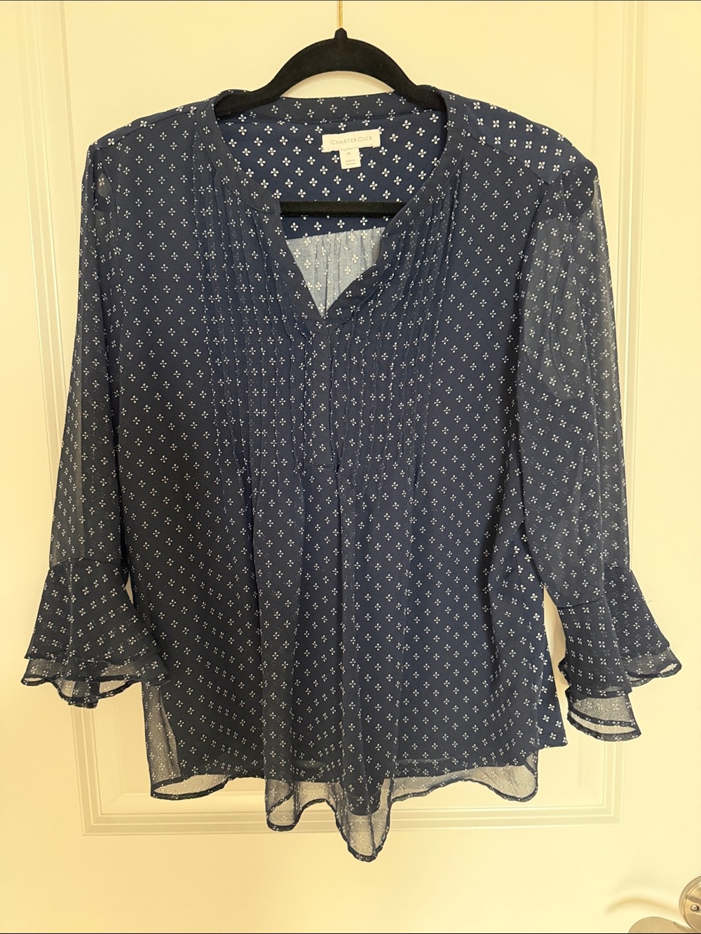 Charter Club Navy Printed Pintuck V-Neck Blouse